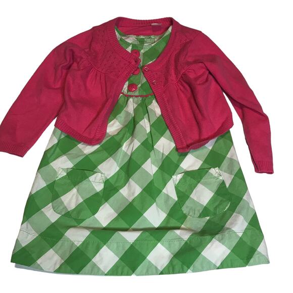 Carters Outfit Green Gingham Print Sundress Hot Pink Long Sweater Girls Size 4 - Picture 1 of 11